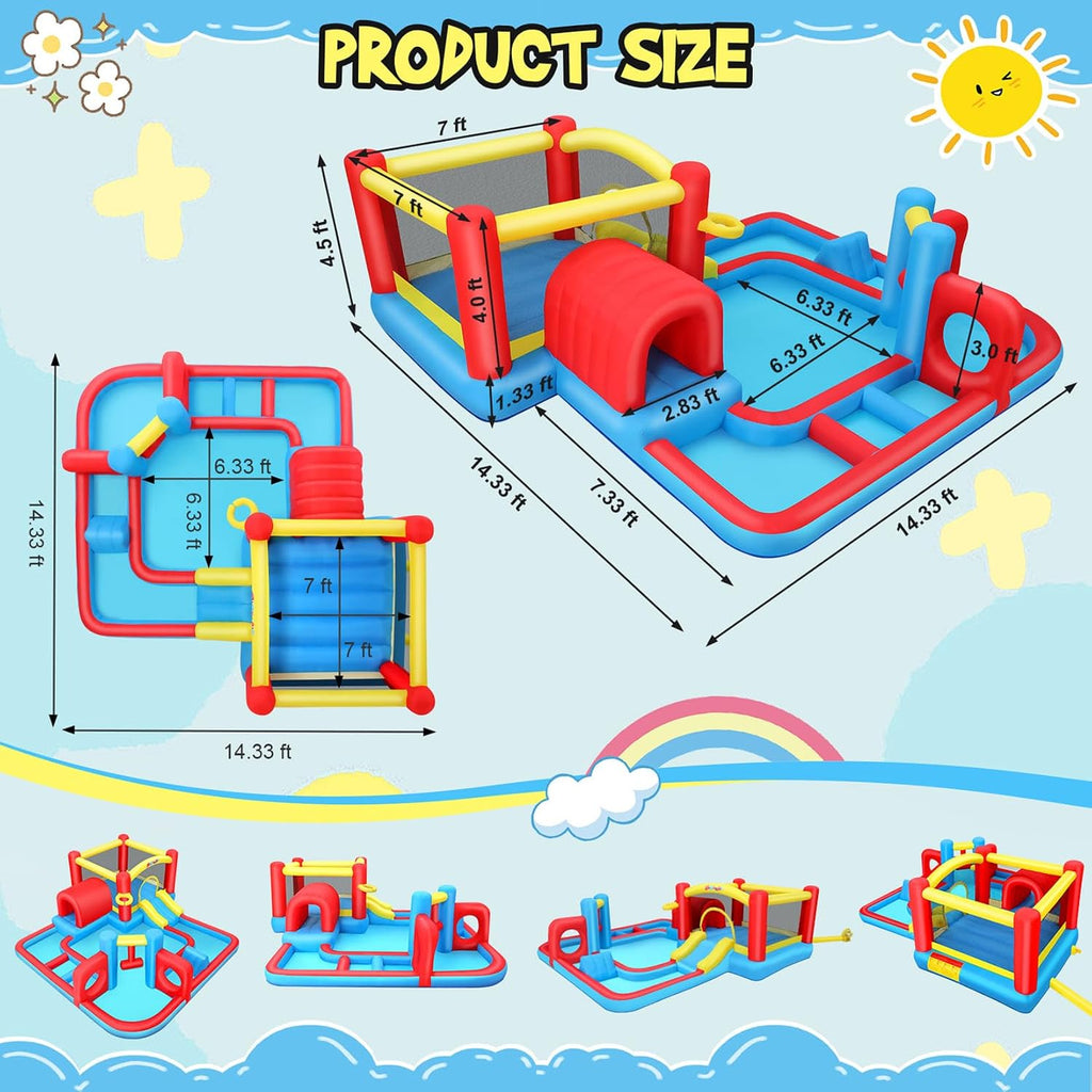 Whubefy Inflatable Water Slide Bounce House Obstacle Course for Kids Backyard Blow Up Water Park w/ 14.3x14.3 ft Large Pool, Sprinkler Hammer, Play Tunnel, Double Ring & Multi-Shape Obstacle Challenge