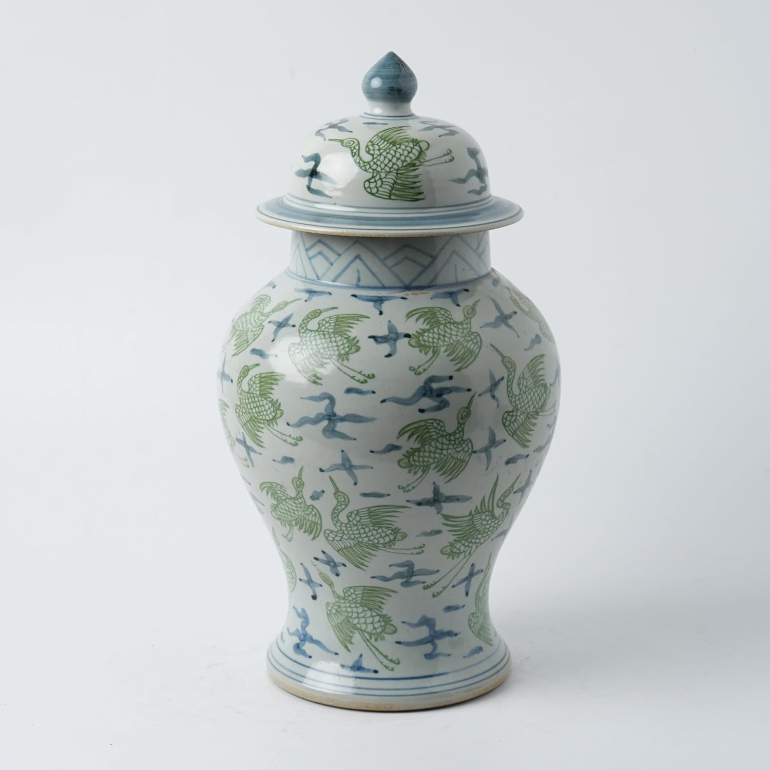 Handmade 41' Ceramic Ginger Jar w/Lid - Classic Chinese Style Porcelain Jar Tea Storage for Home Decor DecorativeTemple Jar Centerpiece Vintage Accent Antique Vase (Green White)