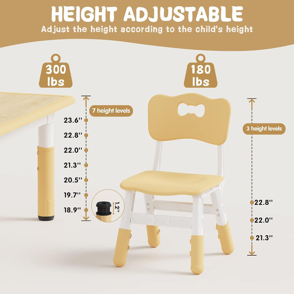 Brelley Kids Table and 6 Chairs Set, Height Adjustable Toddler Desk and Chair Set, Graffiti Desktop, Classroom/Daycare/Home, Children Multi-Activity Table for Ages 2-8