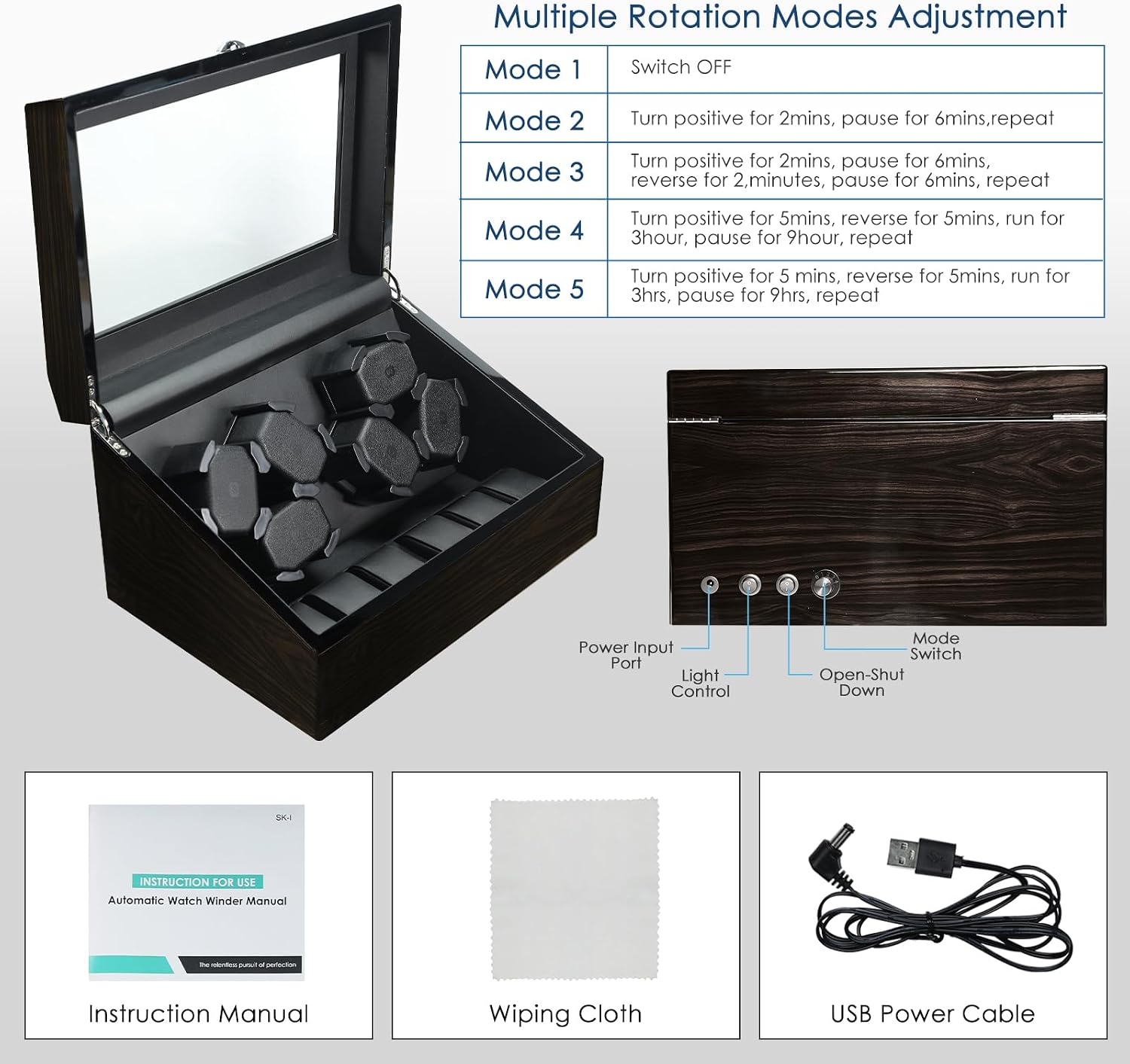 Watch Winder for Automatic Watches, Automatic Watches with Watches Storages, Automatic Watch Winder with Blue Backlight and Foam Pad, 4 Rotation Modes Rotating Watch Box