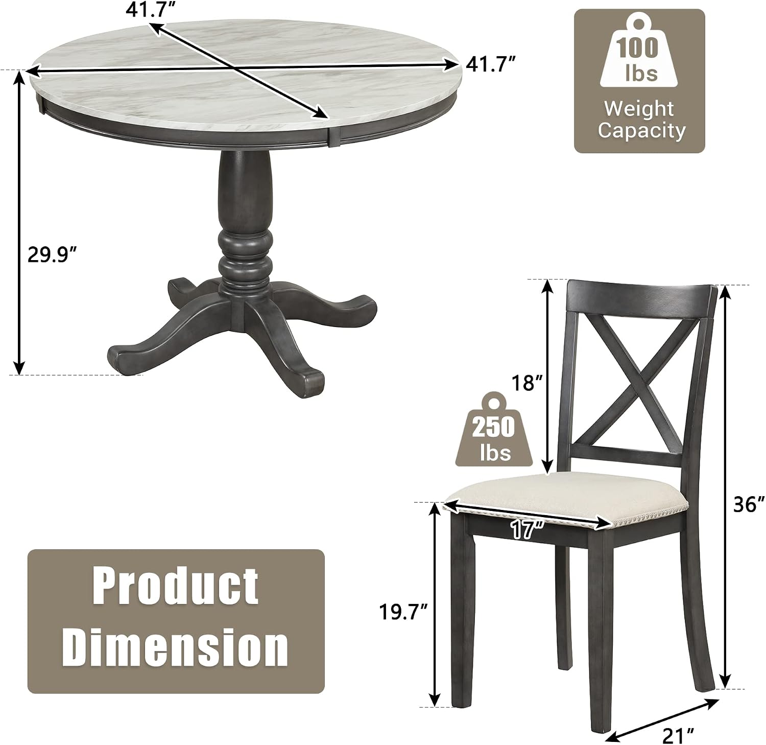 LUMISOL 5-Piece Dining Table Set, Faux Marble Round Dining Table Set with Chairs for 4, Wood Kitchen Dining Room Table Set for Small Space, Sturdy Support, Muddy Gray