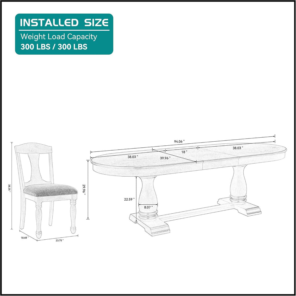 7-Pcs 94.06'' Extendable Wood Dining Table Set, Oval Large Kitchen Table & 6 Upholstered Chairs, Modern Mid-Century Style, White Oak