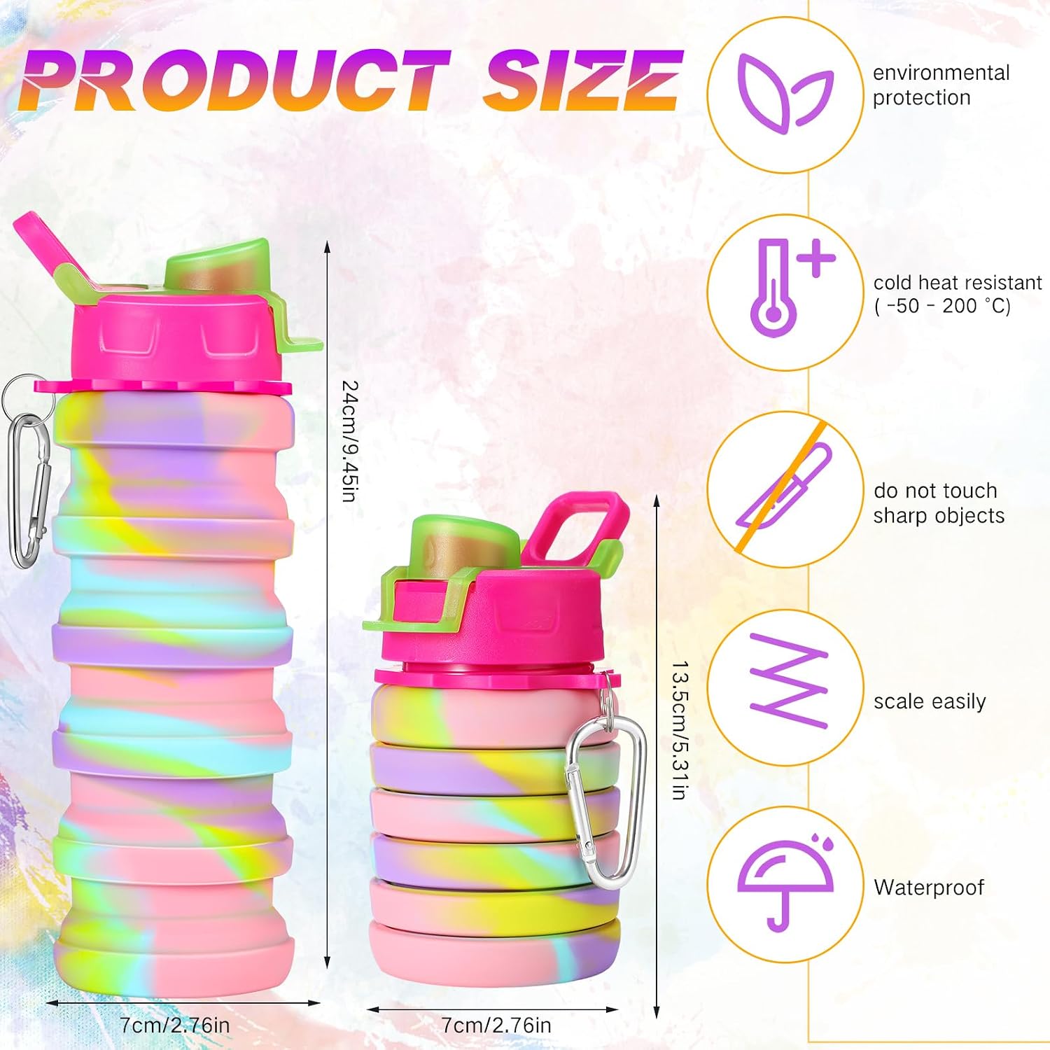 Sunnyray Collapsible Water Bottles Bulk Foldable Water Bottles 17oz Silicone Portable Leak Proof Reusable Sports with Clip for Travel Hiking Camping Outdoor(Colorful,40 Pack)
