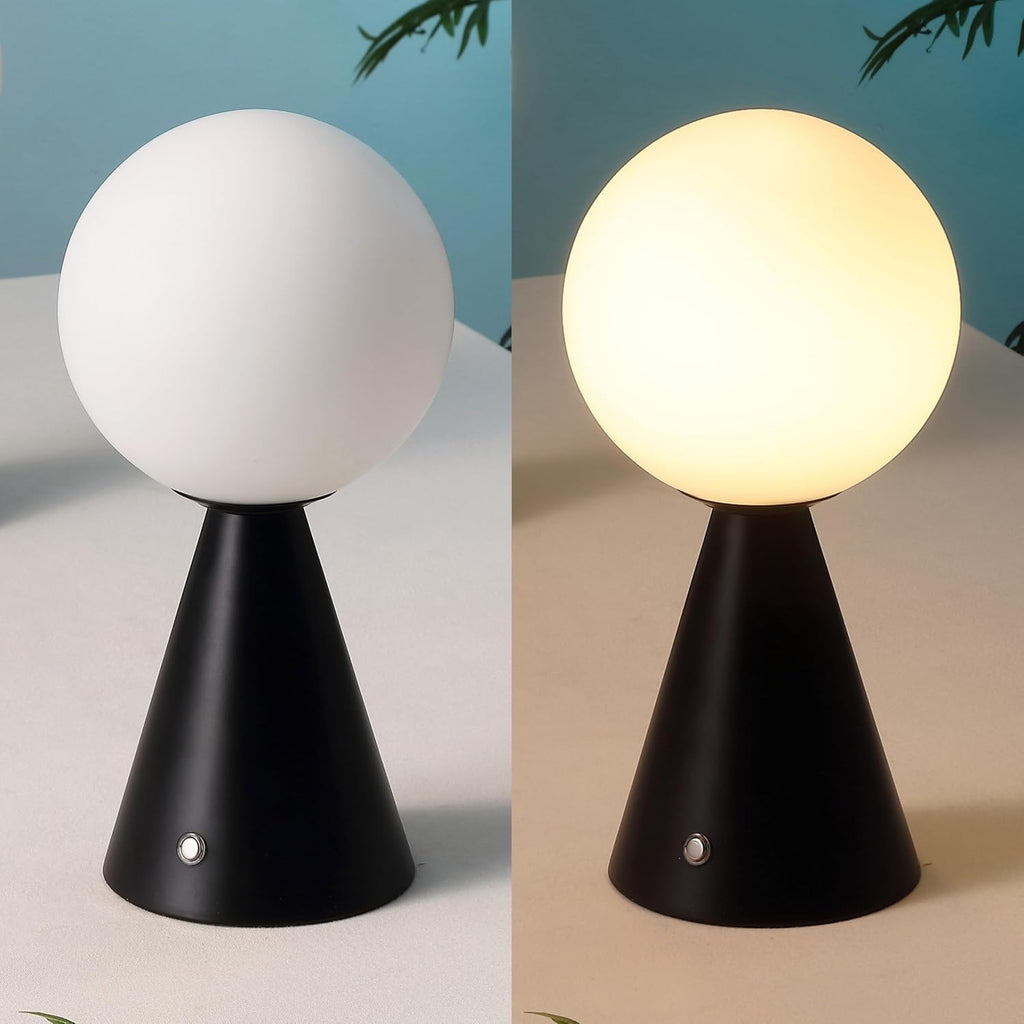 JONATHAN Y 11.75' Black Macie Modern Globe Cordless Table Lamp Set of 2, Rechargeable Dimmable Integrated LED Touch Sensor Bedside Lamp, White Frosted Glass Shade (JYL7159B-SET2)