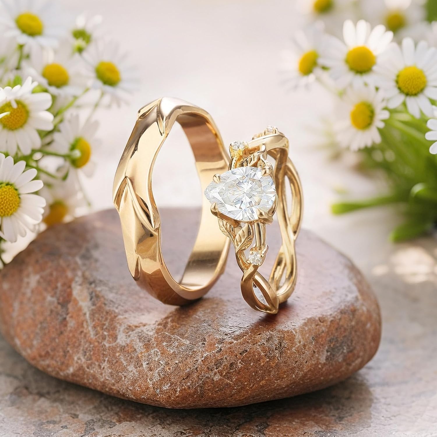 SISGEM Moissanite Couple Rings Set, 10K 14K 18K Solid Gold Moissanite Wedding Rings for Him And Her, Vintage Leaf/Branch Wedding Bands Matching Couple Rings Anniversary Jewelry Gift for Women And Men