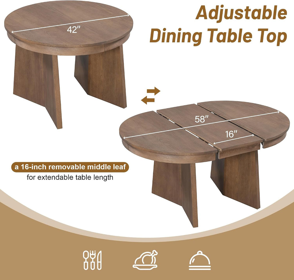 Merax Extendable Round Dining Table Set for 4, Wooden Construction with Upholstered Chairs with Rattan Backrests, Retro Style for Kitchen, Indoor Use, Walnut