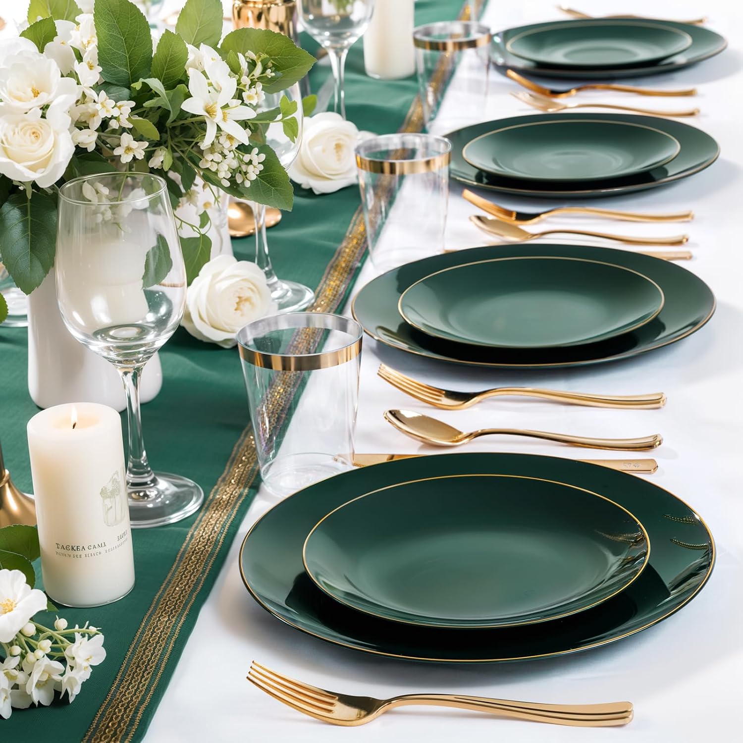 Nervure 100Pcs Green and Gold Plastic Plates - 10.25inch Disposable Green Dinner Plates - Heavy Duty Plastic Plate Ideal for Wedding & Party (Pack of 2)