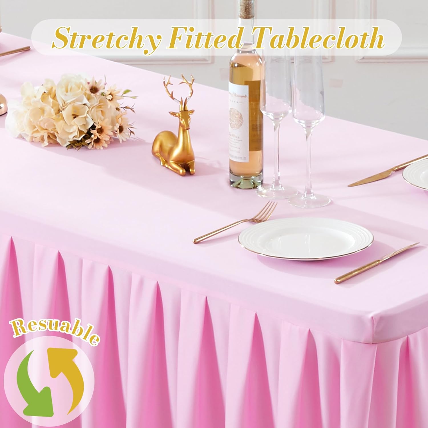 6 Pack Pink Rectangle Tablecloth 8 FT Stretch Spandex Fitted Table Cloth for 8 Foot Rectangle Tables Banquet Tablecloths Wrinkle Free Table Cover Skirt Ruffle Tablecloth for Party Wedding Birthday