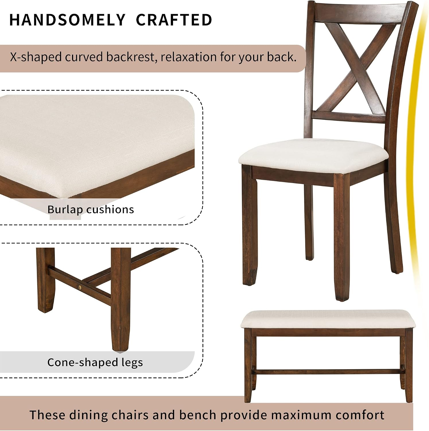 Harper & Bright Designs 6 Pieces Dining Table Set, Wooden Rectangle Table and 4 Chairs with Bench with Cushion, Kitchen Table Chairs Set for 6 Persons, Dining Room Set - Natural Cherry