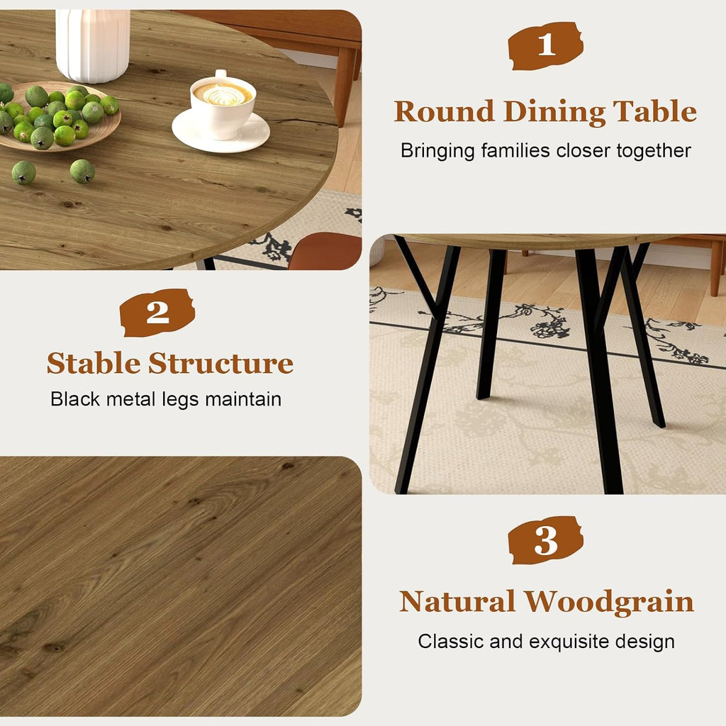 Round Dining Table Set for 4, Rustic 36' Circle Kitchen Table and 4 White Linen-Cotton Dining Chairs, Solid Metal Frame, Space Saving Wood Small Kitchen & Dining Room Furniture