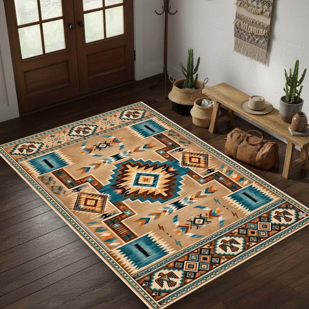 Southwestern Aztec Area Rug 5'x8' Turquoise Beige Navajo Tribal Carpet, Rustic Western Farmhouse Rug, Non Slip Washable Low Pile for Living Room Bedroom Cabin Decor