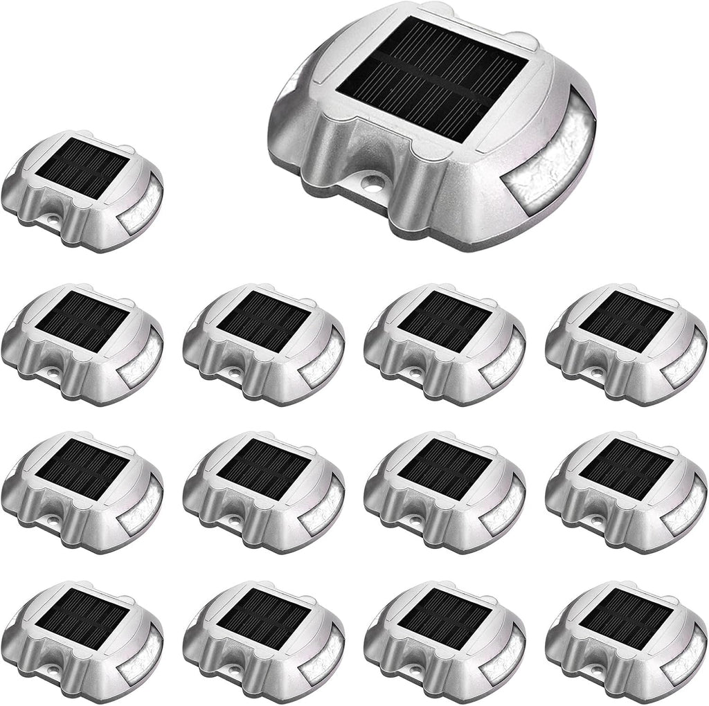 JIGUOOR Solar Deck Lights LED Driveway Lights Solar Powered Dock Light Outdoor IP68 Waterproof Road Markers for Step Sidewalk Stair Boat Garden Ground Pathway Yard (White, 14 Pack)