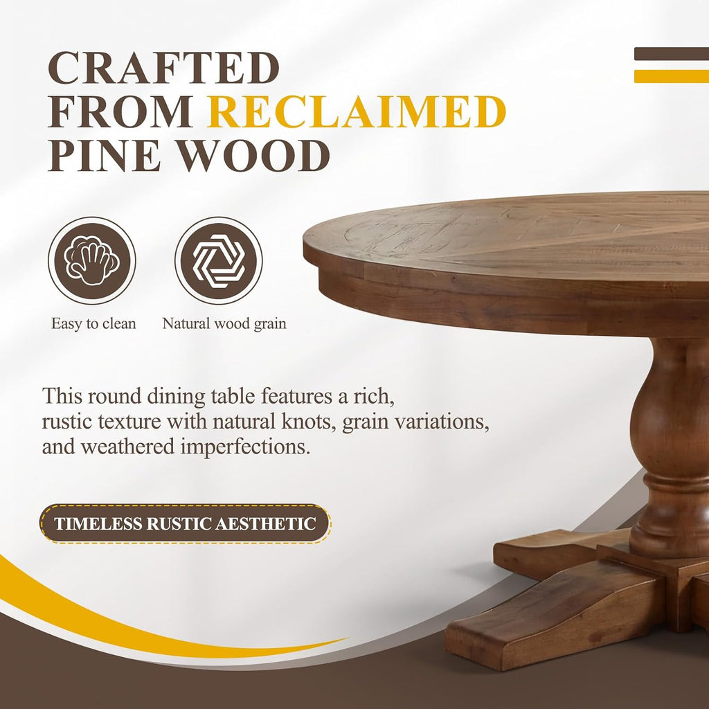60' Round Dining Table, Reclaimed Wood Kitchen Table for 6-8, Farmhouse Circle Kitchen Table with Pedestal Curved Leg for Kitchen Dining Room Restaurant - Walnut