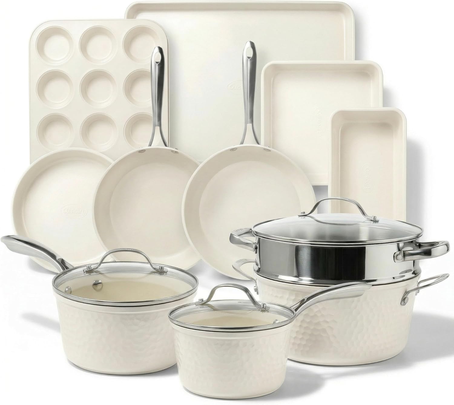 Gotham Steel Hammered 15Pcs Ceramic Cookware Set Nonstick, Induction Pots and Pans Set Non Stick with Bakeware Set & Steamer for Cooking, Non Toxic PFOA PFOS Free, Oven & Dishwasher Safe, Cream White