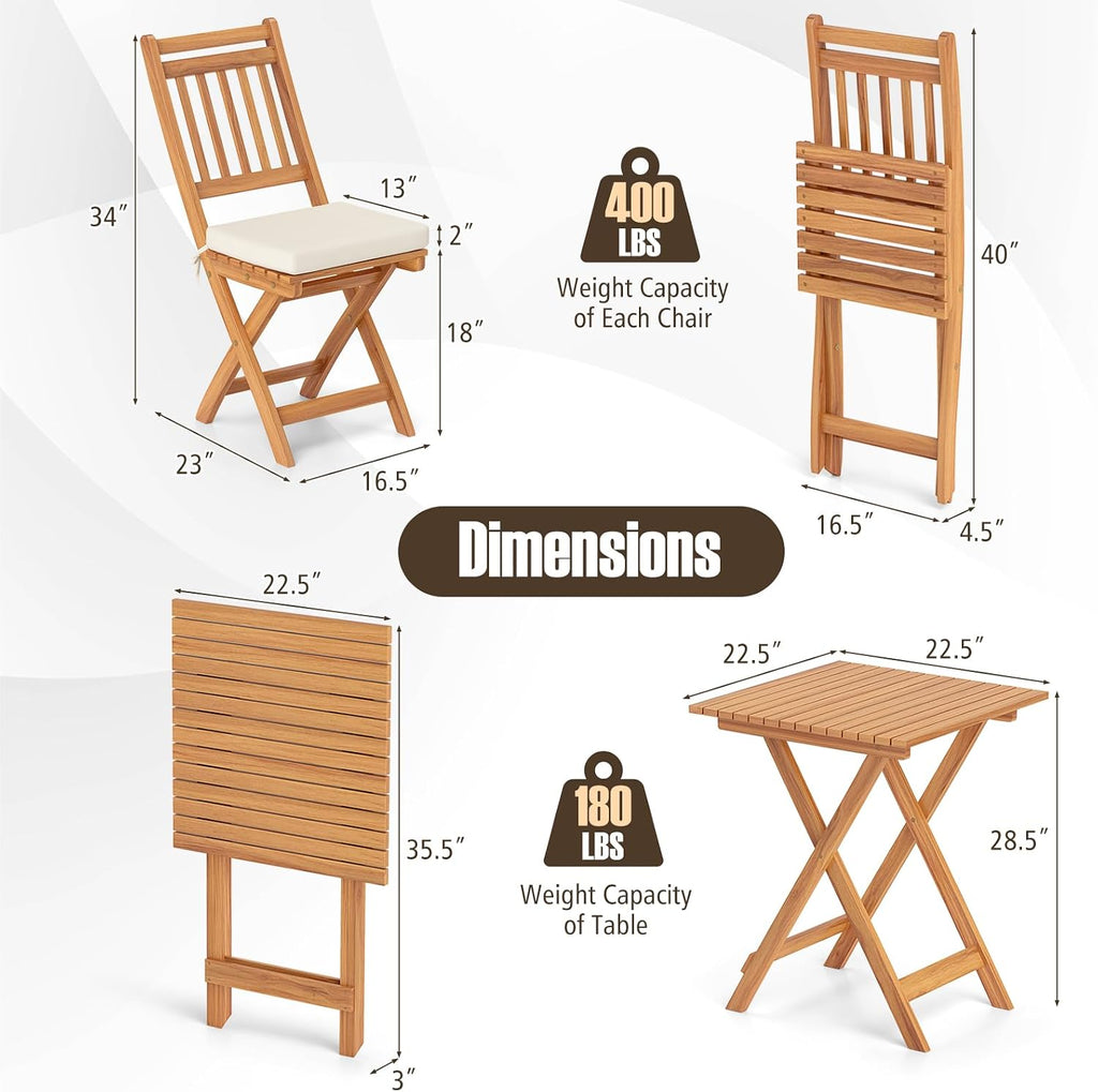 Tangkula Acacia Wood Patio Bistro Set of 3, Outdoor Folding Chair Table Set with Soft Seat Cushions, High Back Armless Chairs with Table, Patio Cushioned Dining Set for Backyard, Poolside (Off White)