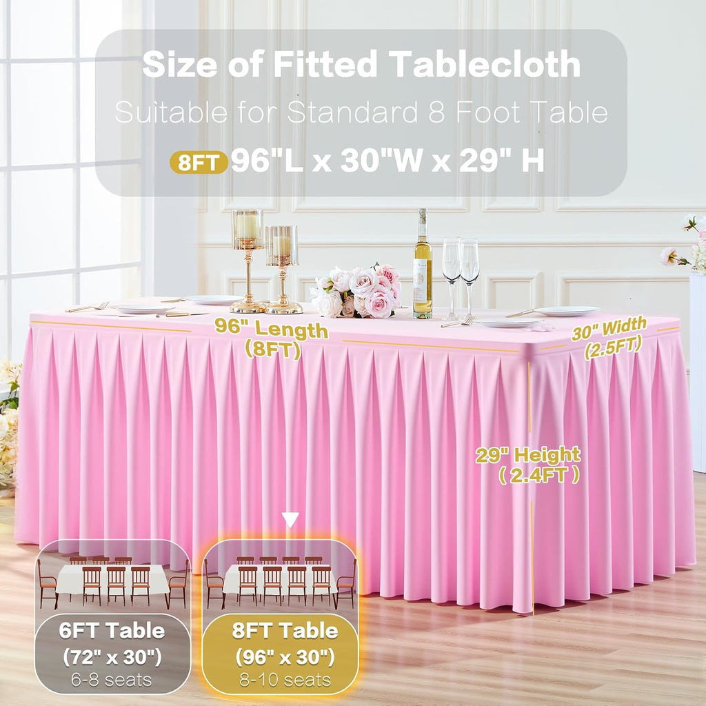 6 Pack Pink Rectangle Tablecloth 8 FT Stretch Spandex Fitted Table Cloth for 8 Foot Rectangle Tables Banquet Tablecloths Wrinkle Free Table Cover Skirt Ruffle Tablecloth for Party Wedding Birthday