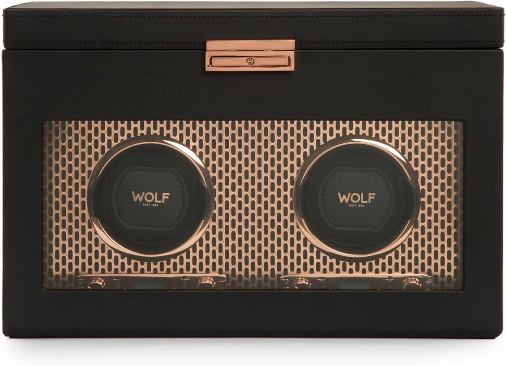 Wolf Axis Watch Winder with Storage - Secure Fit with Patented Lock-in Dynamic Cuff - Accommodates All Wrist Sizes - Vegan Leather - Includes Universal Adapter