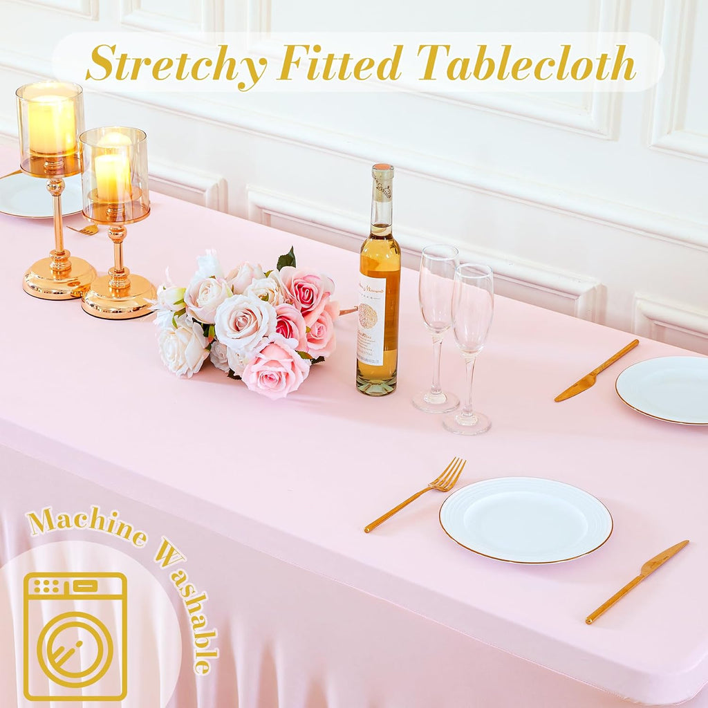 8 Pack Pink Table Cloth for 6 Foot Rectangle Tables Spandex Fitted Tablecloth 6ft Stretch Table Covers Skirt Pink Banquet Tablecloths Wrinkle Free Tablecloth for Party Wedding Birthday Event
