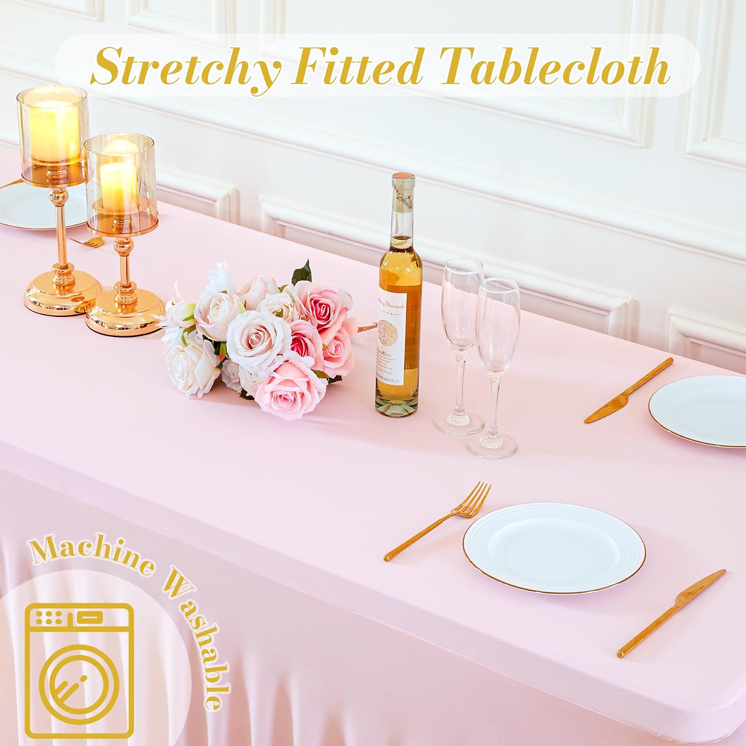6 Pack Pink Table Cloth for 8 Foot Rectangle Tables Spandex Fitted Tablecloth 8ft Stretch Table Covers Skirt Pink Banquet Tablecloths Wrinkle Free Tablecloth for Party Wedding Birthday Event