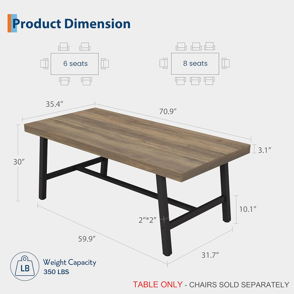 GarveeHome Industrial Dining Table for 6-8 People, 70.87' Long Kitchen Table with Sturdy Metal Frame, Rectangular Counter for Dinner, Kitchen, Dining Room (Rustic Pear, 71' Non-extendable)