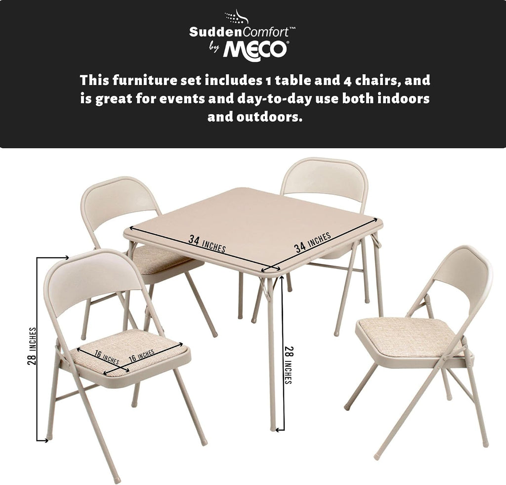 MECO Sudden Comfort 5 Piece 34 x 34 Inch Square Folding Dining Card Table with 4 Padded Folding Chairs Furniture Set for Gatherings and Games, Tan