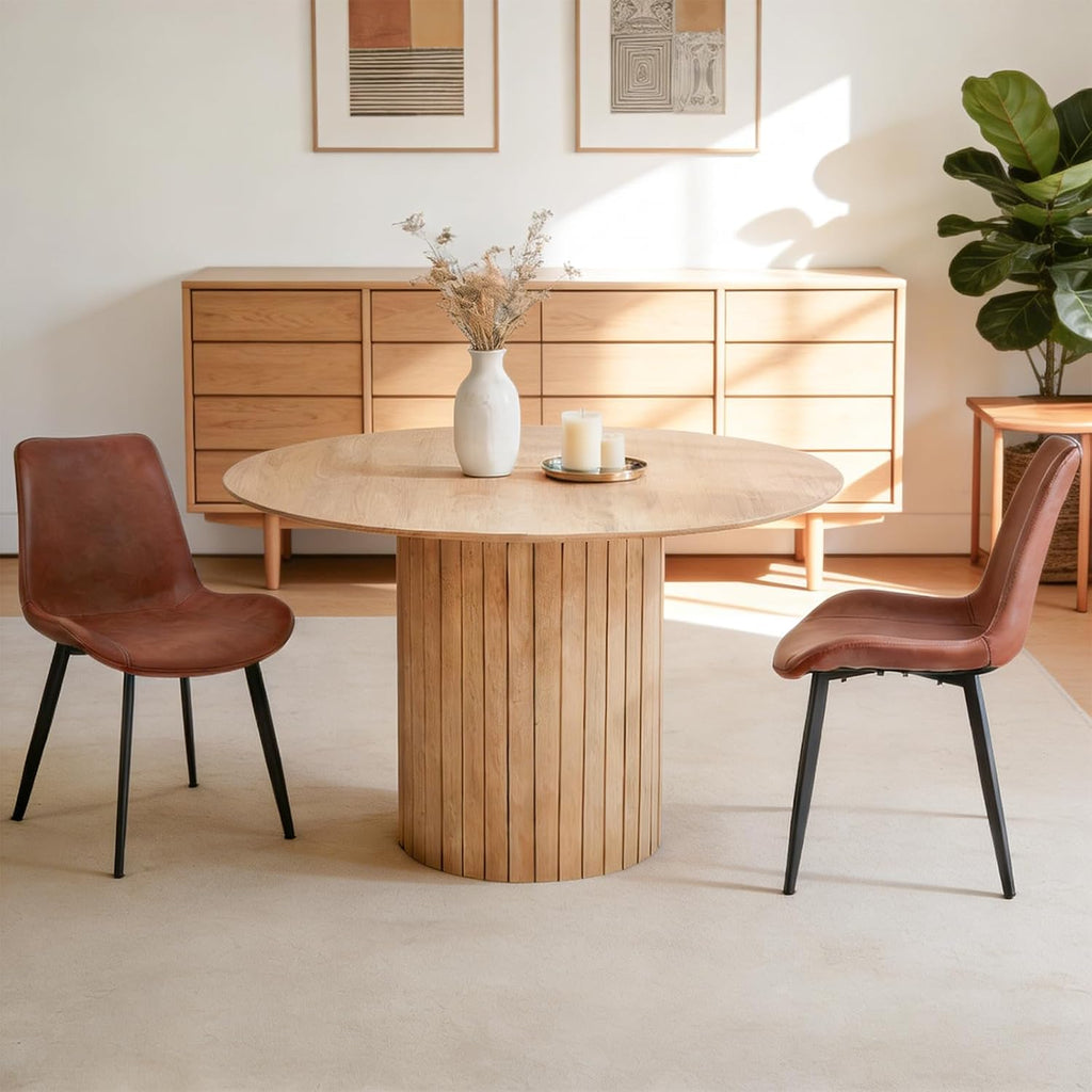 47' Round Dining Table for 4, Farmhouse Kitchen Table [Chamfered Edge Tabletop] Circle Pedestal Dinner Table, φ47.2'x29.5'H, Natural