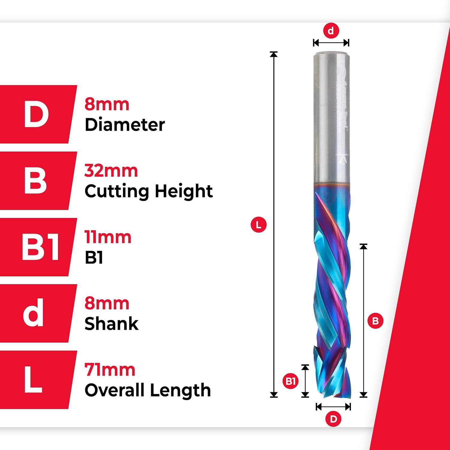 Amana Tool Spektra Extreme Tool Life Solid Carbide CNC Compression Spiral Router Bit, 48325-K-M, 8mm D x 32mm CH x 8mm Shank x 71mm Long 3 Flute