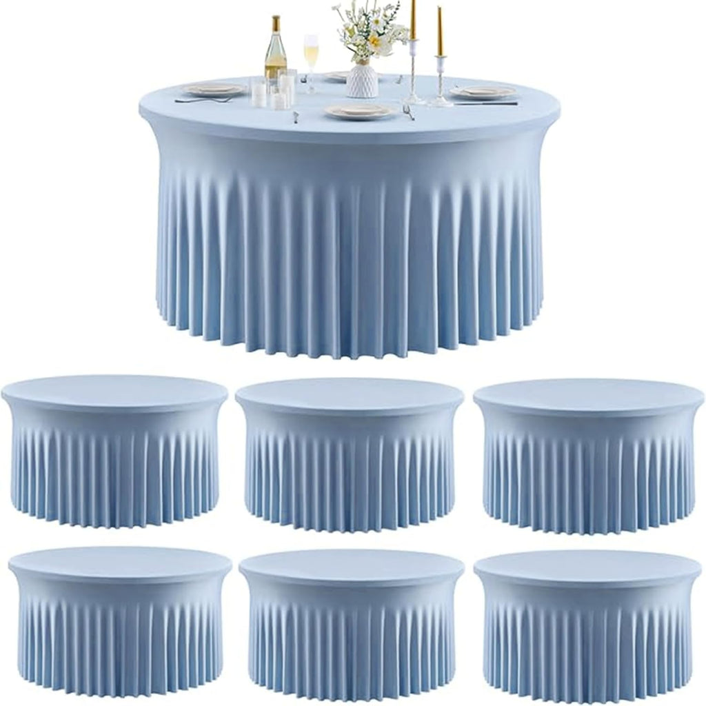 Outpain 6 Pack Dusty Blue Spandex Tablecloth for 60in/5FT Round Tables,Stretchy 120inch Fitted Round Table Cloths, Wrinkle Free Tablecloth with Skirt for Wedding, Graduation & Banquet
