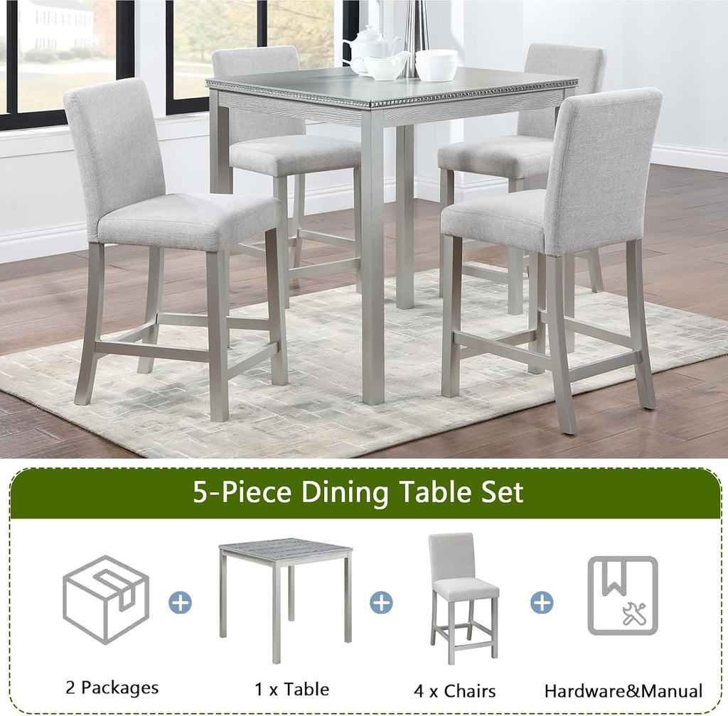 LUMISOL Dining Table Set for 4, 5-Piece Solid Wood Counter Height Kitchen Table Set with 4 Upholstered Chairs for Kitchen, Dining Room, Home Bar, Silver Gray