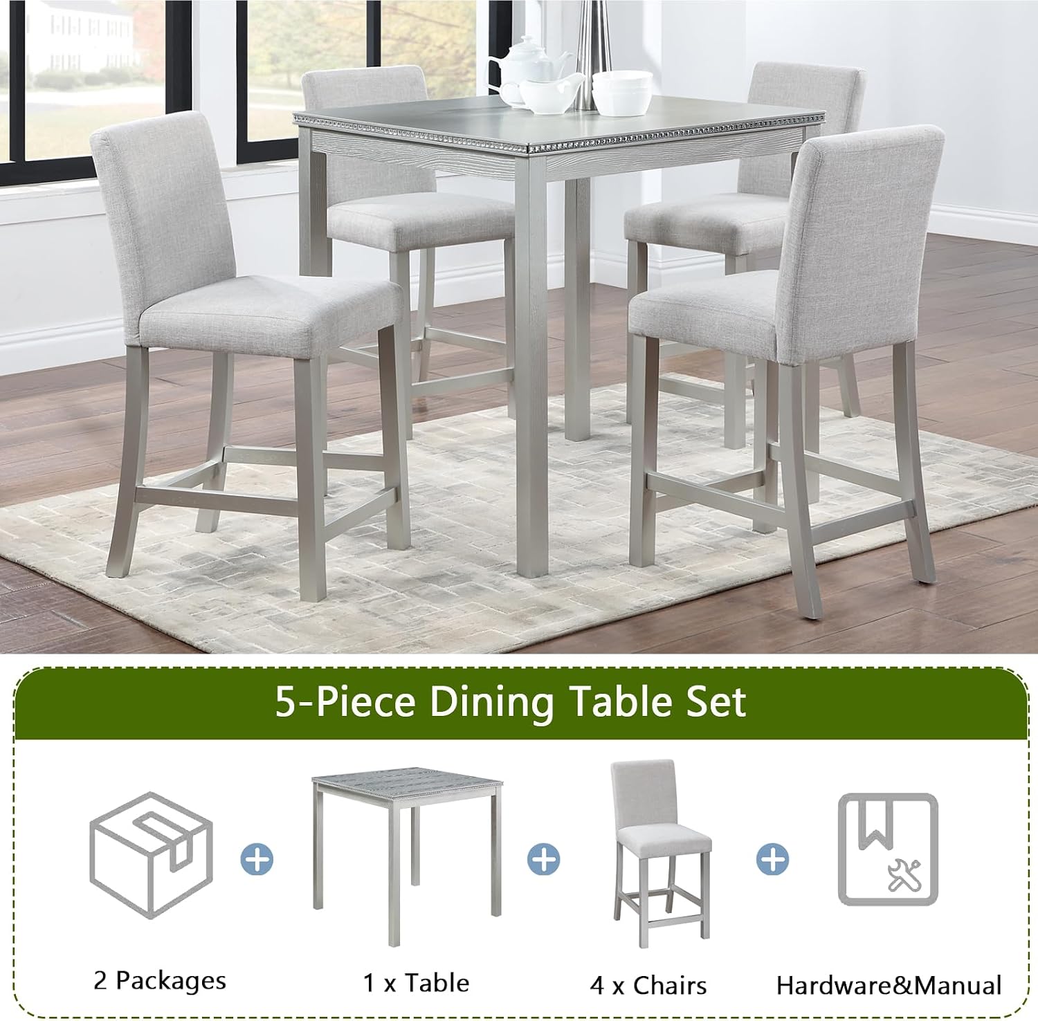 LUMISOL Dining Table Set for 4, 5-Piece Solid Wood Counter Height Kitchen Table Set with 4 Upholstered Chairs for Kitchen, Dining Room, Home Bar, Silver Gray
