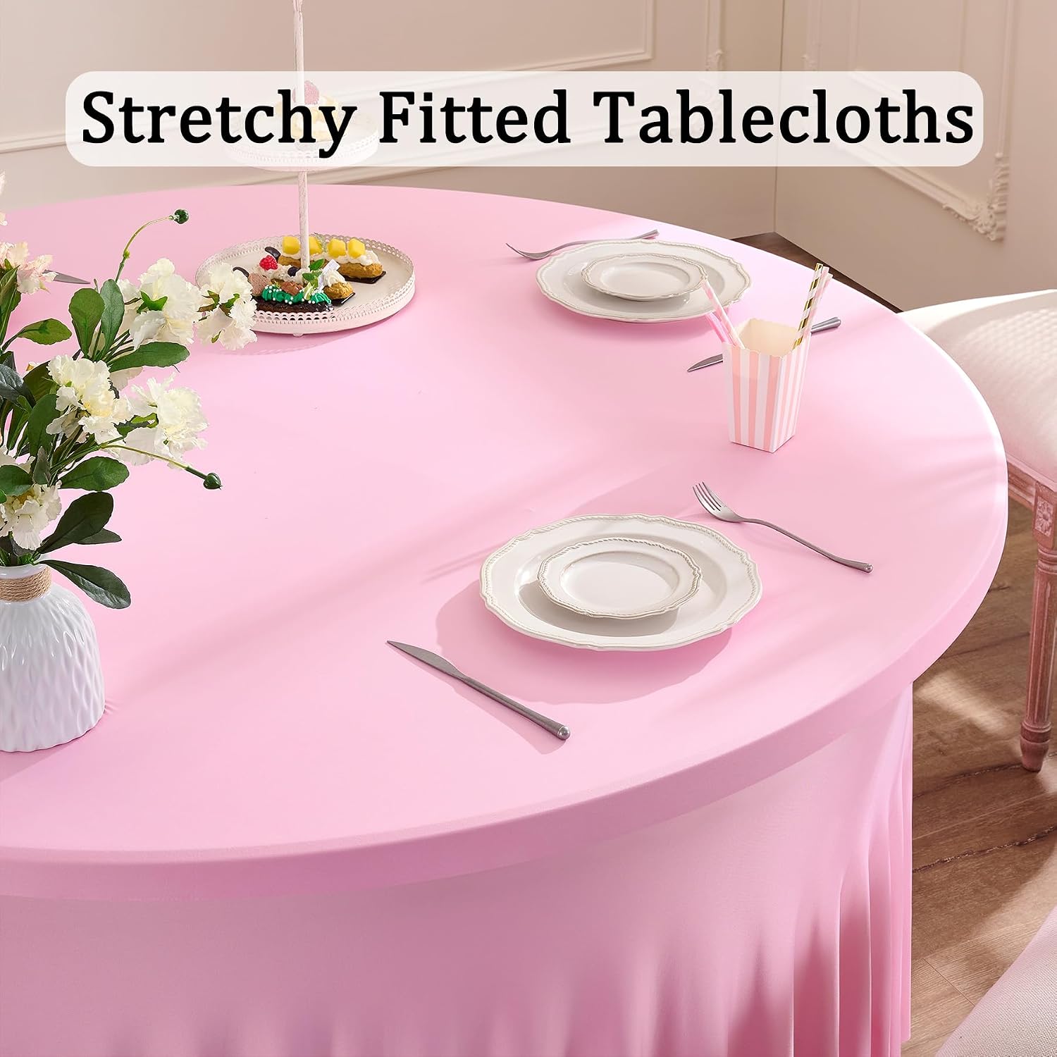 12 Pack Baby Pink Spandex Round Tablecloths for 60 inch Table, Wrinkle Free Stretchy 120inch Fitted 5FT Round Table Cloths Cover with Skirt for Wedding Party Dining Banquet Events