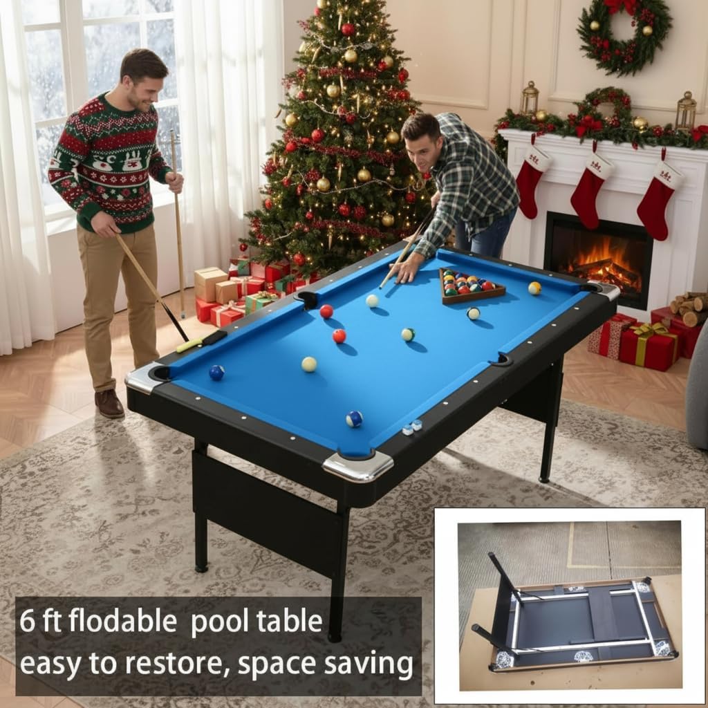 6 ft Foldable Pool Table with Steel Frame, Stable Billiard Tables with Safety Anti Collapse Locks, Heavy Duty Billiard Game Includes Full Set of Balls, 2 Cue Sticks, Chalk and Felt Brush