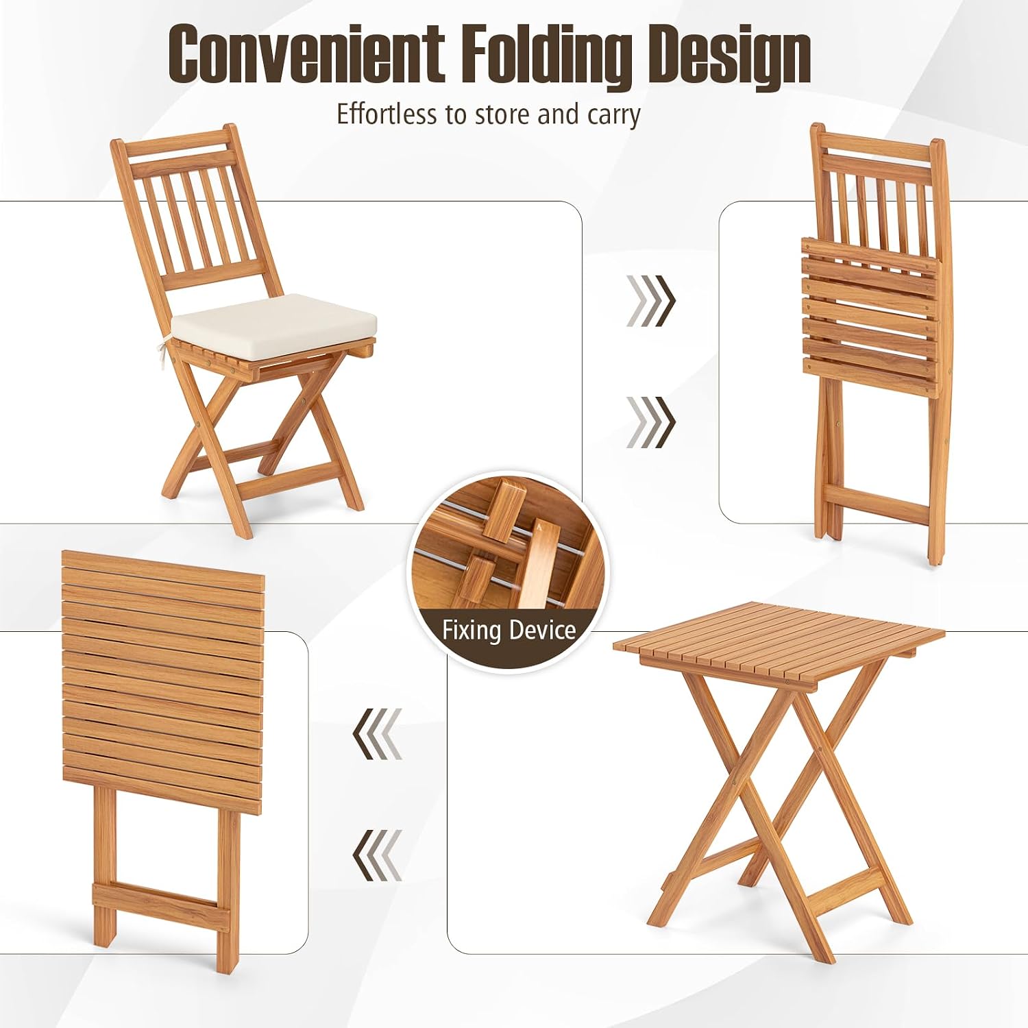 Tangkula Acacia Wood Patio Bistro Set of 3, Outdoor Folding Chair Table Set with Soft Seat Cushions, High Back Armless Chairs with Table, Patio Cushioned Dining Set for Backyard, Poolside (Off White)
