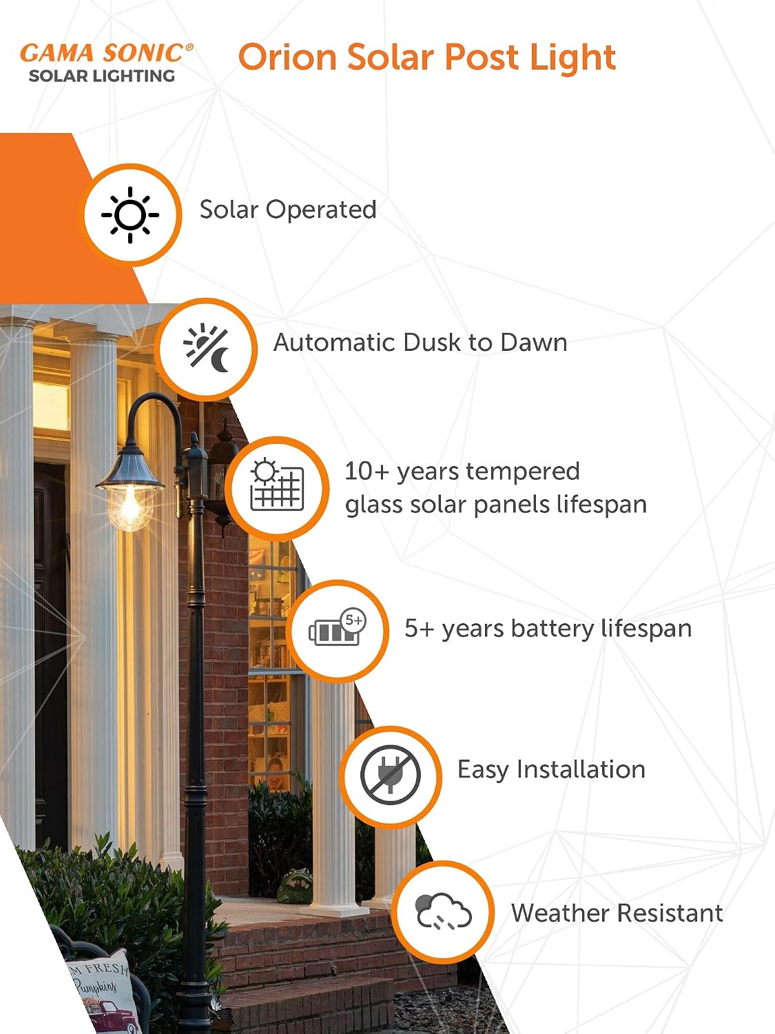Gama Sonic Orion Outdoor Solar Lamp Post Light Kit, Black Resin Industrial Style Downlight, Cast Aluminum Pole with Warm White Light 2700K
