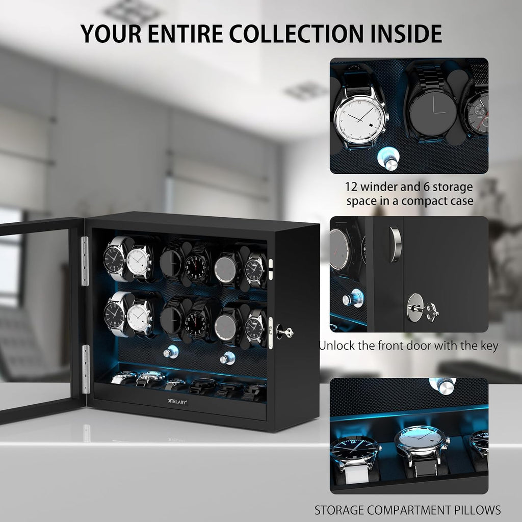 XTELARY Lockable Automatic Watch Winder - 4/6/8/12 Watch Storage, 4 Rotation Modes, Quiet Motor, Backlight