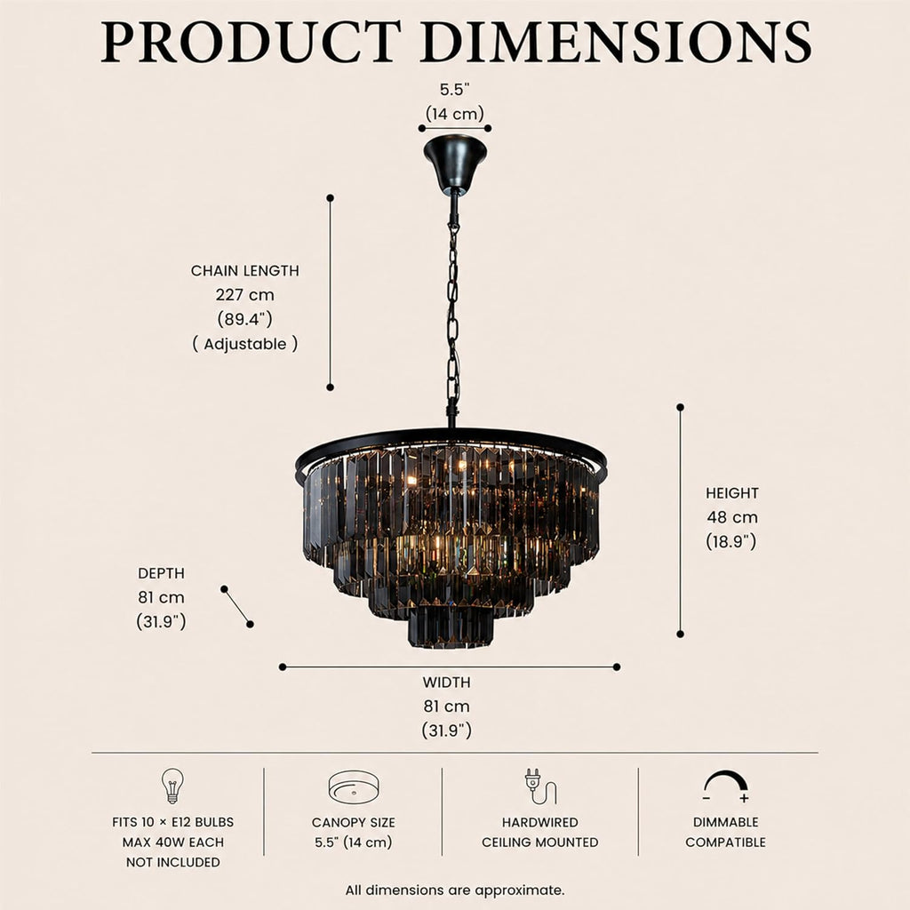 ALOADECOR 10-Light W32 in. Modern Odeon 4-Tier Round Fringe Crystal Chandelier in Matte Black Finish Frame with Smoke Crystal Accents Dual-Use Light for Dining Room Living Room Bedroom