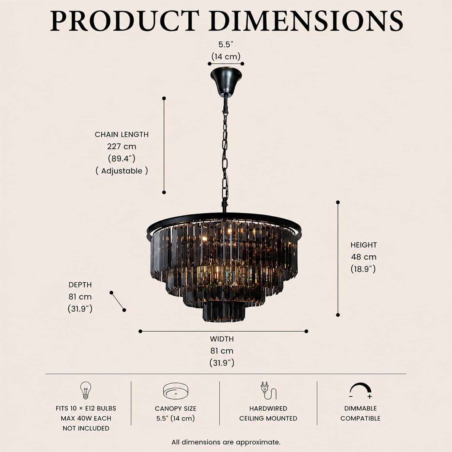 ALOADECOR 10-Light W32 in. Modern Odeon 4-Tier Round Fringe Crystal Chandelier in Matte Black Finish Frame with Smoke Crystal Accents Dual-Use Light for Dining Room Living Room Bedroom