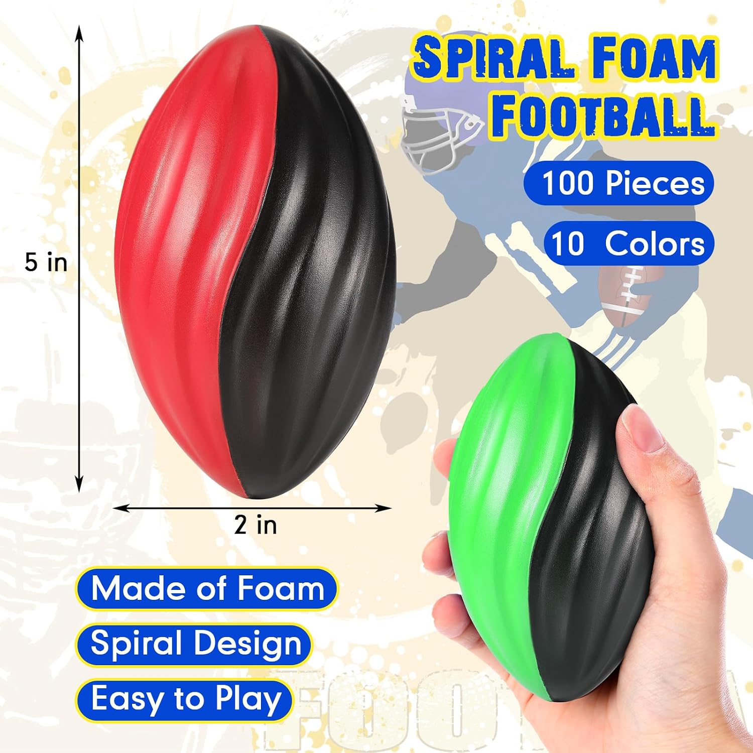 Jerify 100 Pcs Mini Footballs for Kids Spiral Foam Football Bulk 5 Inch Soft Small Waterproof Foam Ball Sports Birthday Toddler Football for Indoor and Outdoor Game (Assorted Color)