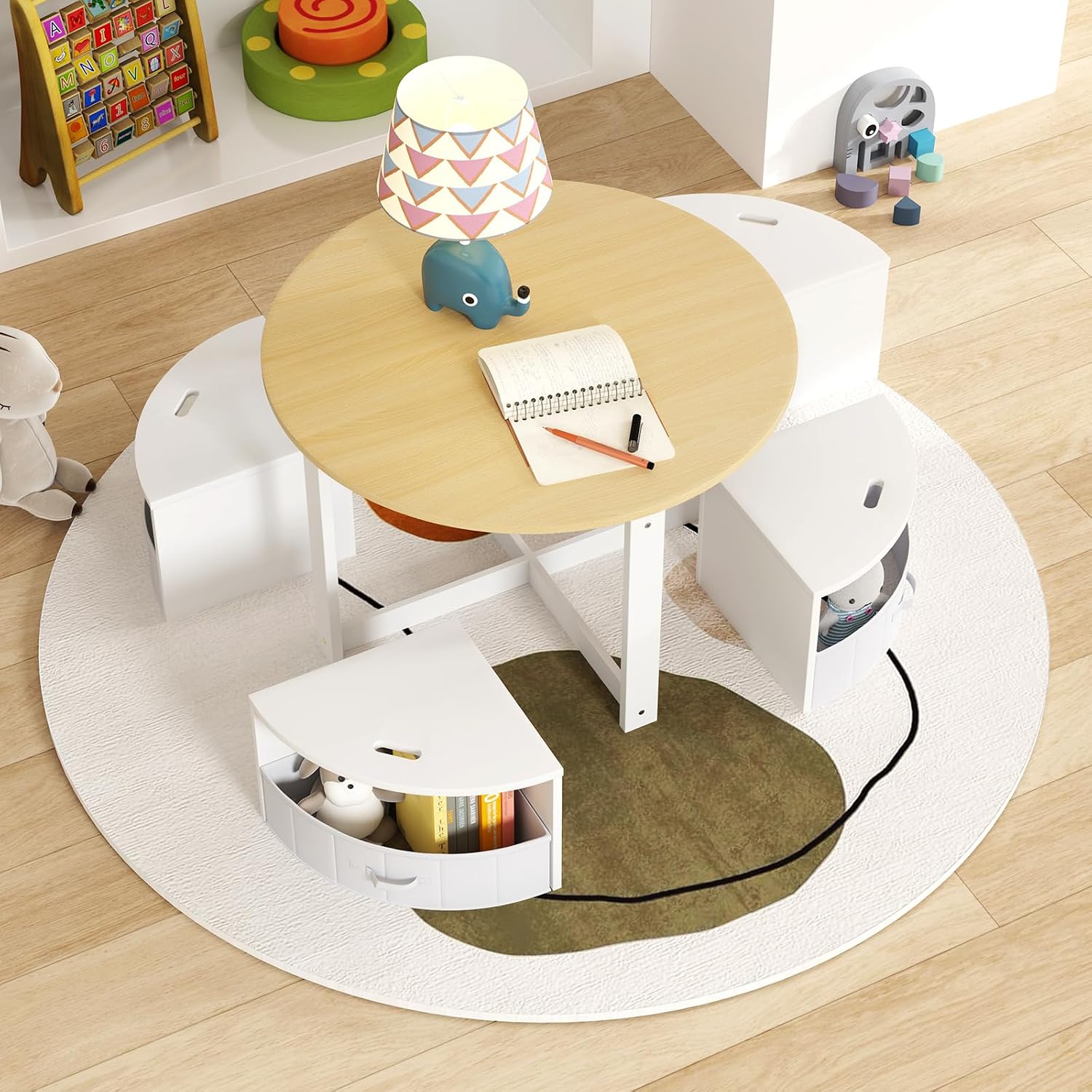 Costzon Kids Table and Chairs, 5 Pieces Wooden Round Children Nesting Desk with 4 Storage Stools & 4 Fabric Drawers for Activity, Play, Art, Read, Craft, Eat, Toddler Table and Chair Set (Beige)