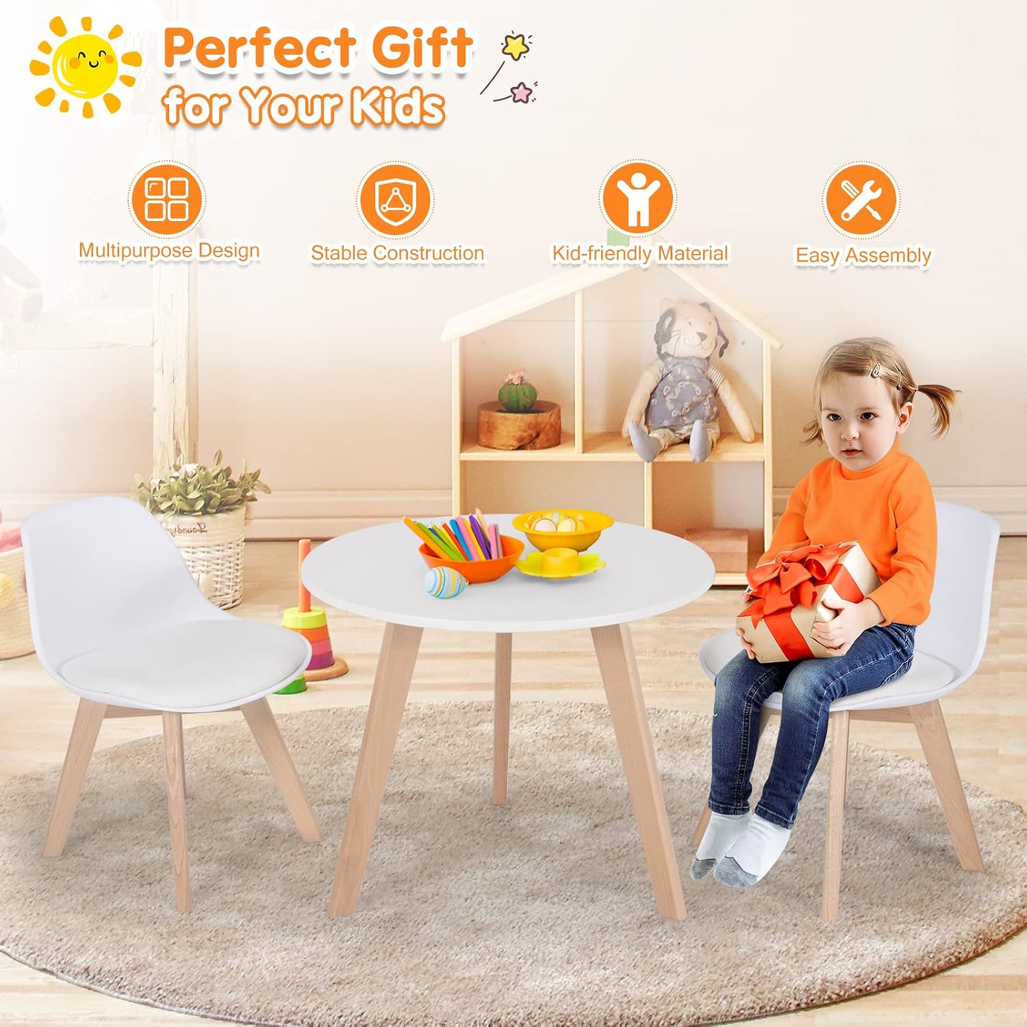 Costzon Kids Table and Chair Set, 3 PCS Wood Activity Play Table w/Padded Seat & Wood Legs for Arts, Crafts, Reading, Preschool, Kindergarten, Playroom, Mid Century Modern Toddler Table and Chairs