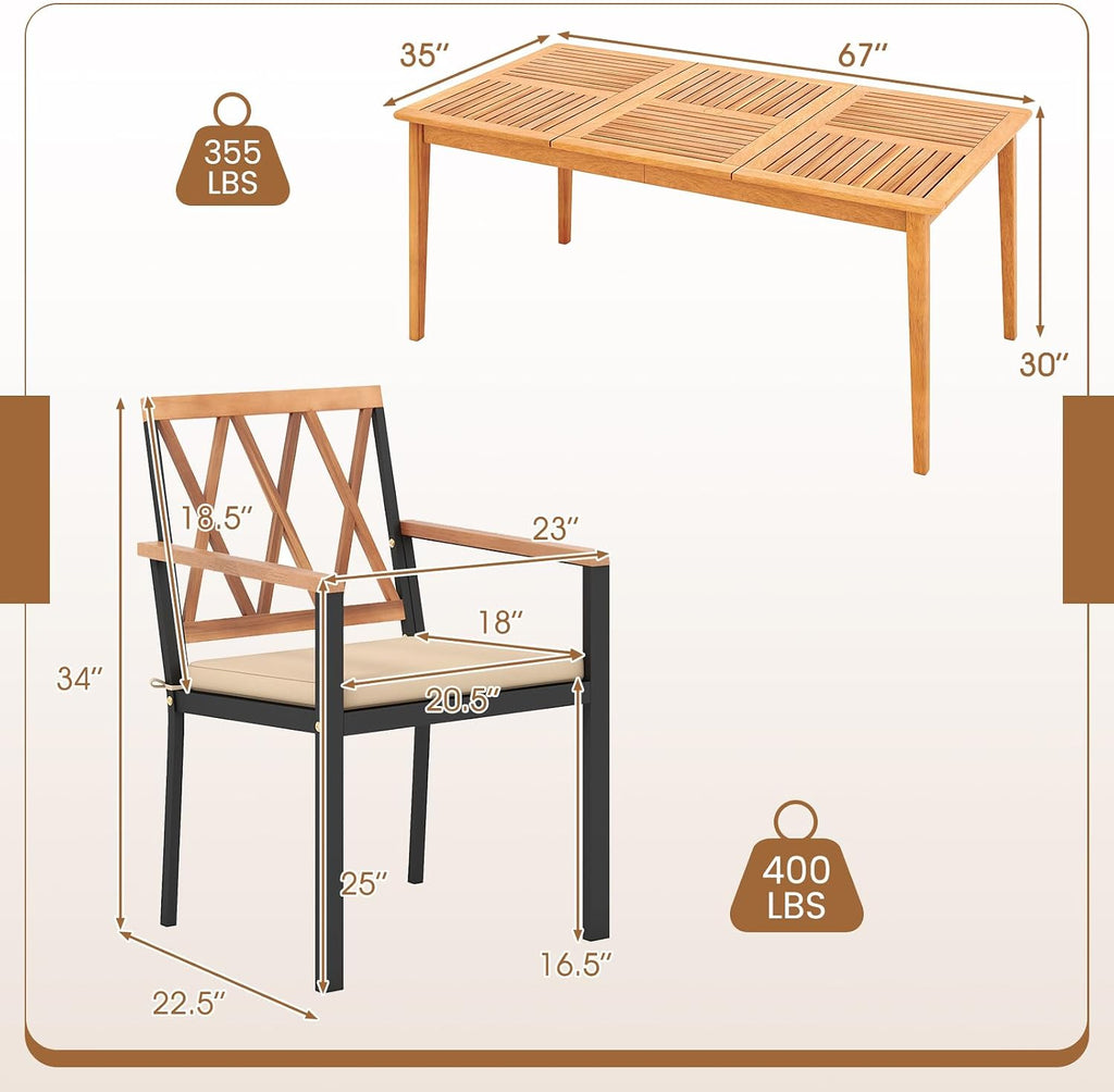 Tangkula 7 Piece Wood Outdoor Dining Set for 6, Rectangular Patio Acacia Wood Table Set with 6 Cushioned Chairs, Umbrella Hole, Heavy Duty Metal Frame for Deck Porch Backyard