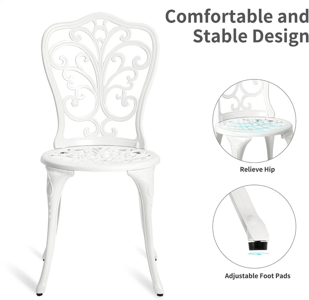 HOMEFUN Bistro Table and Chairs Set of 2 Outdoor 3 Piece Patio Set Butterfly Pattern Cast Aluminum Bistro for Garden Balcony, Durable Rust All-Weather Resistance (White)