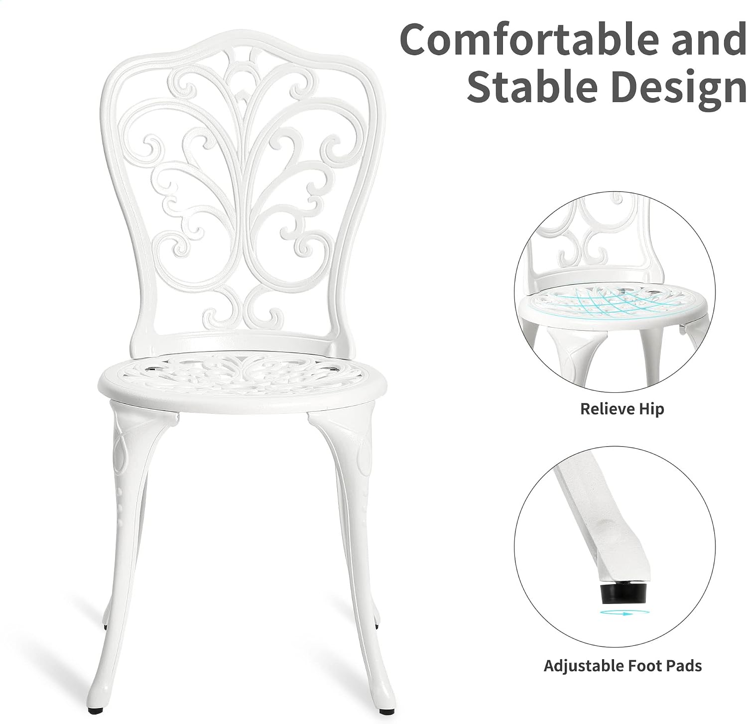 HOMEFUN Bistro Table and Chairs Set of 2 Outdoor 3 Piece Patio Set Butterfly Pattern Cast Aluminum Bistro for Garden Balcony, Durable Rust All-Weather Resistance (White)
