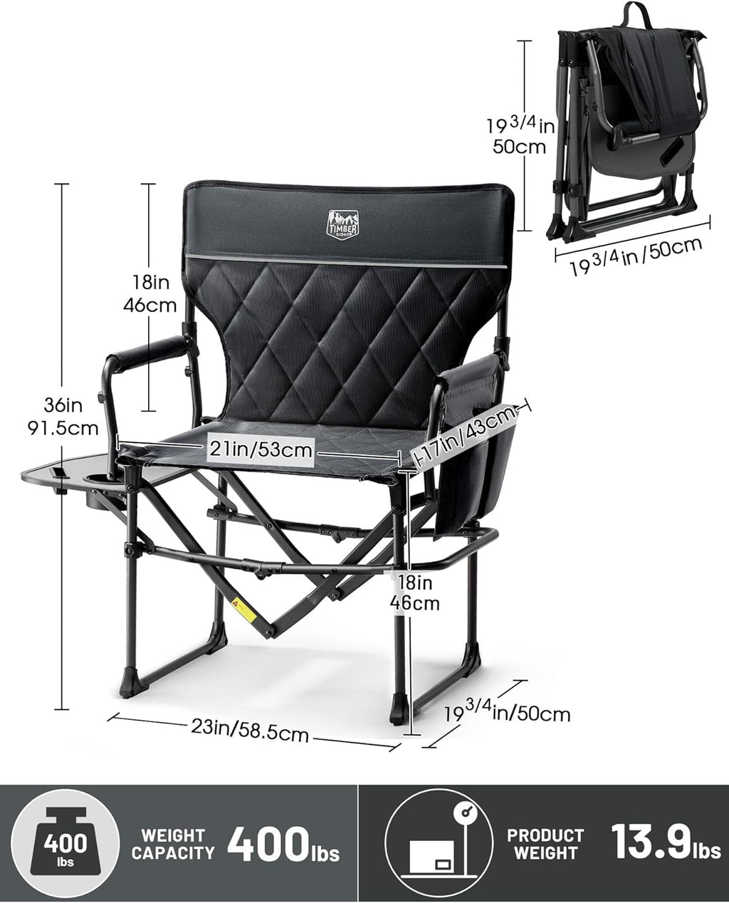 TIMBER RIDGE Heavy Duty Camping Chair with Compact Size, Portable Directors Chair with Side Table and Pocket for Camping, Lawn, Sports and Fishing, Supports Up to 400lbs, Black 2 Pack