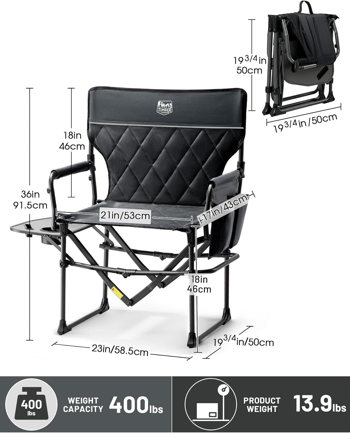 TIMBER RIDGE Heavy Duty Camping Chair with Compact Size, Portable Directors Chair with Side Table and Pocket for Camping, Lawn, Sports and Fishing, Supports Up to 400lbs, Black 2 Pack