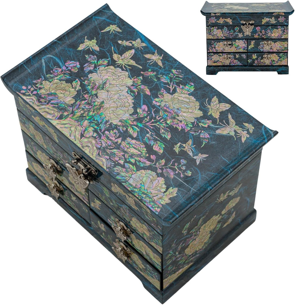 February Mountain Mother of Pearl Wooden Jewelry Organizer Box – Jewelry Storage Box for Women, Features Spacious Drawers, Ideal for Rings, Bracelets, Watches, Chains, Accessories (Peony_Blue)