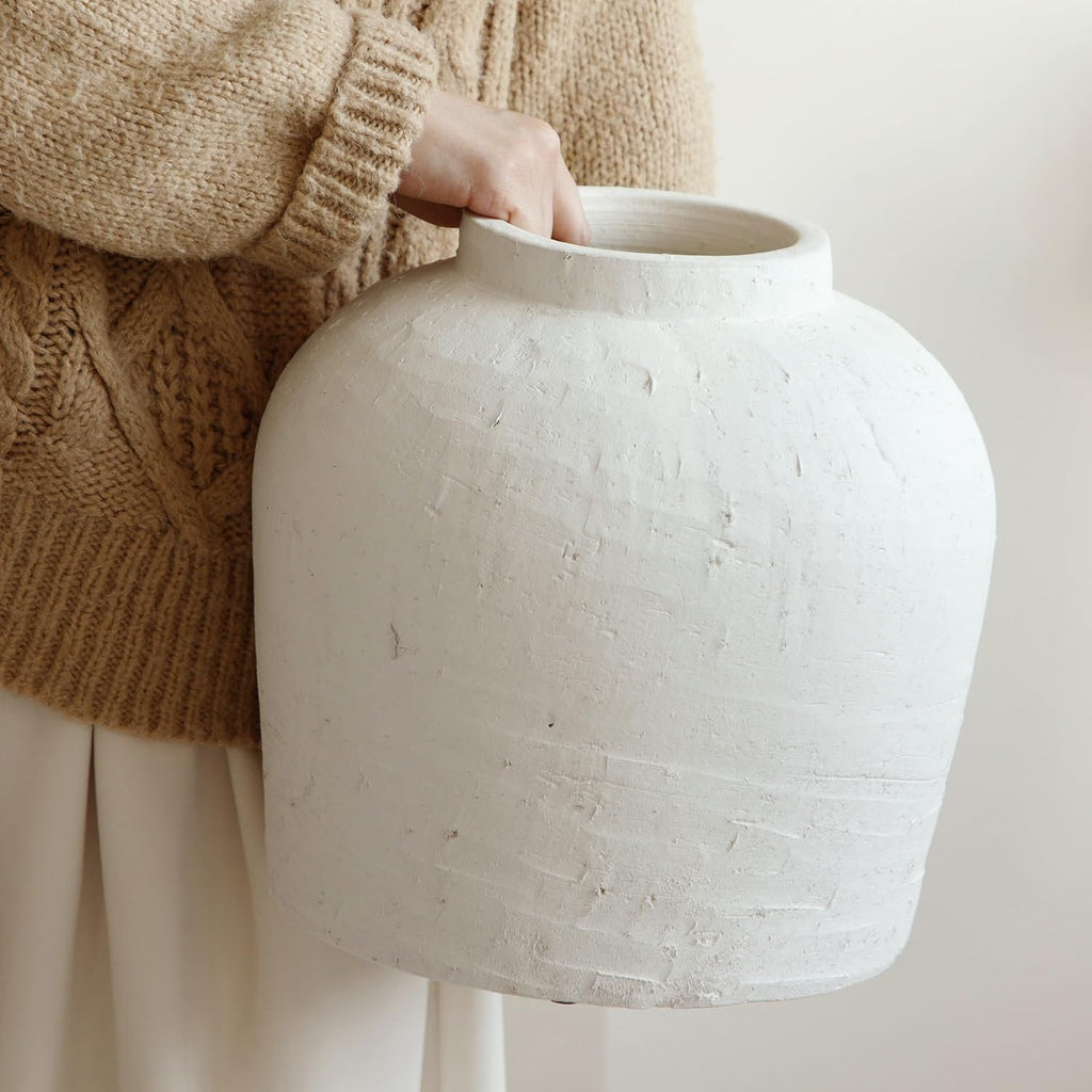 Large Ceramic Vase, 11' Rustic Farmhouse Terracotta Vase for Home Decor, Artisan Decorative Flower Vase for Living Room, Table Centerpiece, Bedroom (Rustic White)