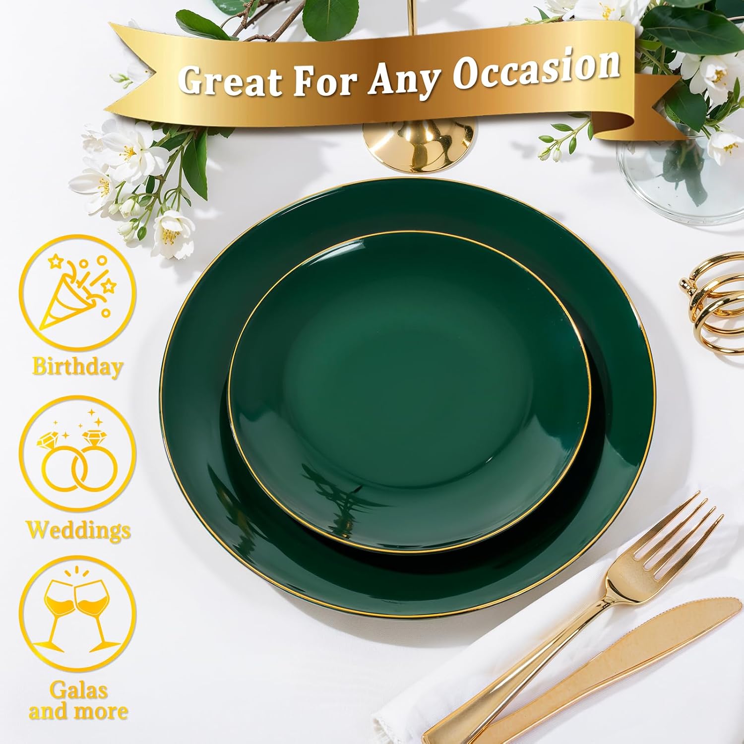 Nervure 100Pcs Green and Gold Plastic Plates - 10.25inch Disposable Green Dinner Plates - Heavy Duty Plastic Plate Ideal for Wedding & Party (Pack of 2)