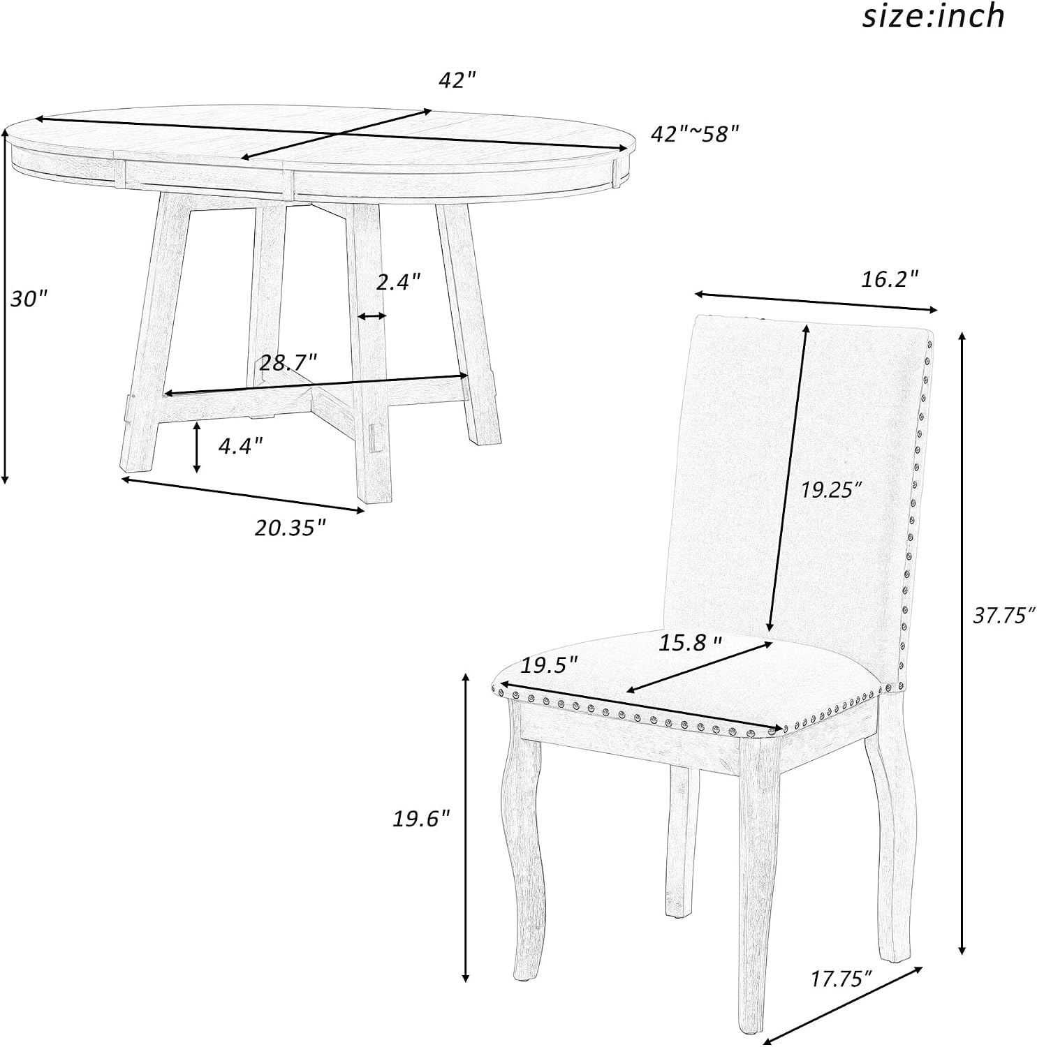 Harper & Bright Designs Kitchen Dining Table Set for 4, Wood Round Extendable Dining Table and 4 Dining Chairs Dining Table Set (Natural Wood Wash), ST000074AAE-MZJ