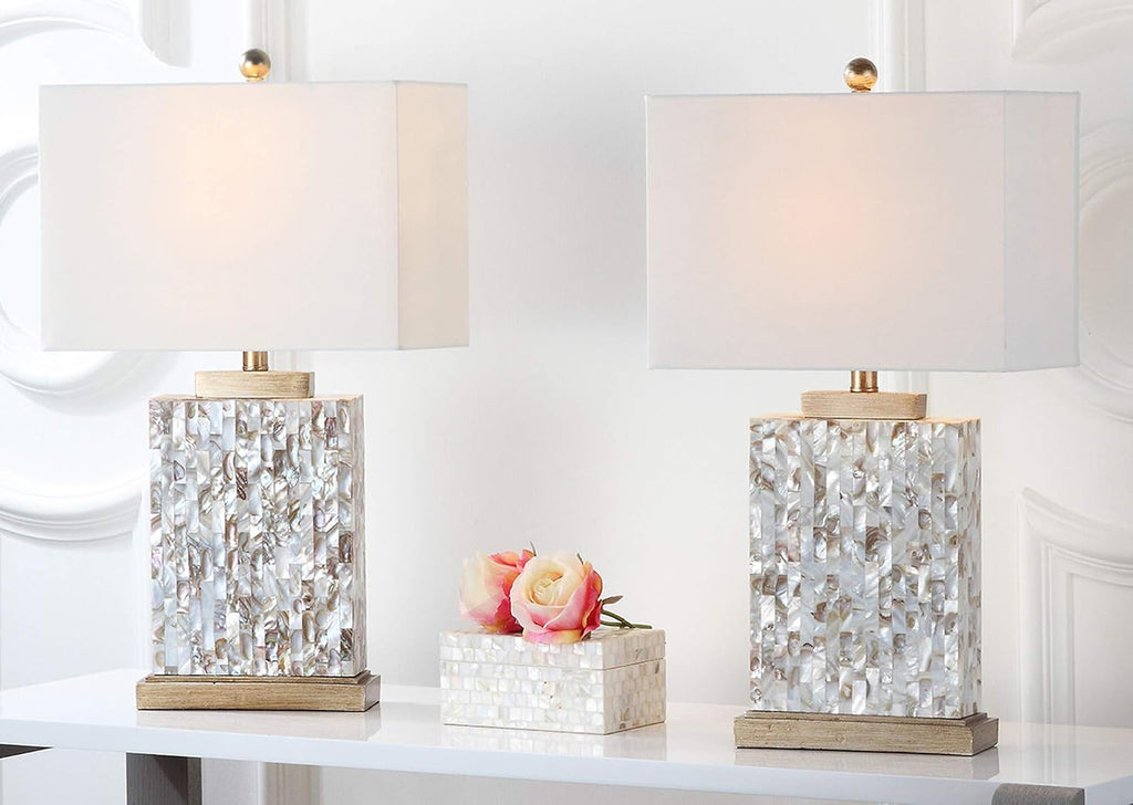 SAFAVIEH Lighting - Tory 24.5' Ivory Shell Table Lamp Set of 2 with White Rectangle Shades, Coastal Nautical Beach House Bedroom Living Room Lighting, LED Bulbs Included (LIT4107A-SET2)